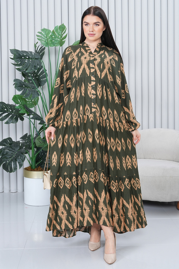 Women's Katkat Patterned Plus Size Viscose Hijab Dress Khaki
