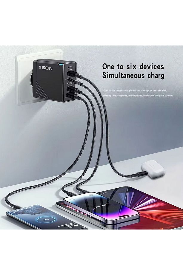 160w Şarj Adaptörü 6 Port Hızlı Şarj Başlığı İos/Android Uyumlu Şarj Aleti - 3