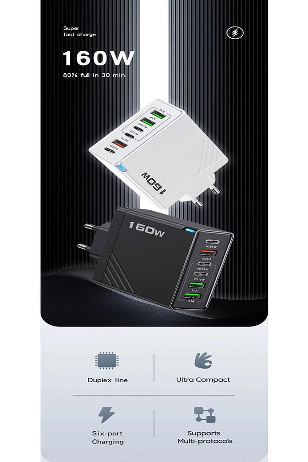 160w Şarj Adaptörü 6 Port Hızlı Şarj Başlığı İos/Android Uyumlu Şarj Aleti - 7