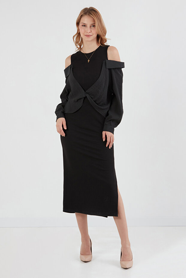 Basic Gömlek Detaylı Yırtmaçlı Elbise - 2