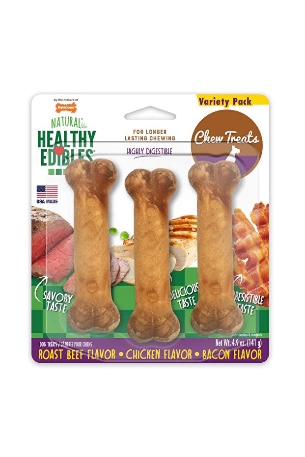 Healthy Edibles Longer Lasting Roast Beef-Chicken-Bacon Variety 3Ct Card Regular Edible Tre