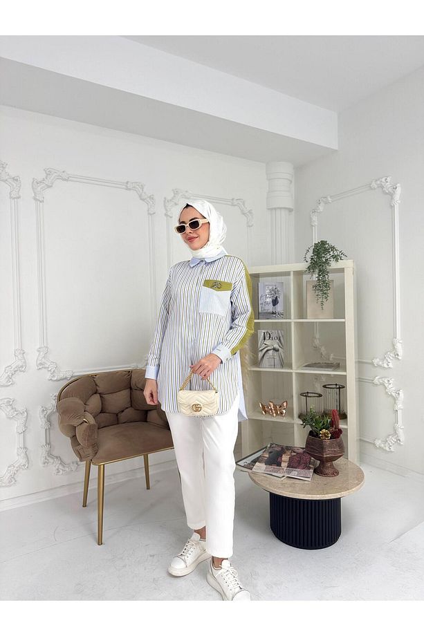 TAŞ DETAYLI ÇİZGİLİ GÖMLEK - 1