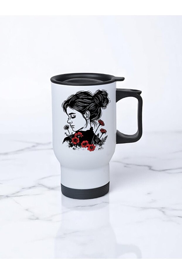 Floral Women's Printed Steel Cup Thermos with Handle 450 ml