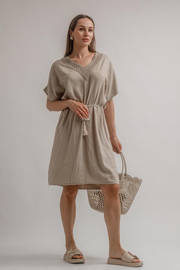 KETEN VİSKOZ BELİ HALATLI ELBİSE - 1