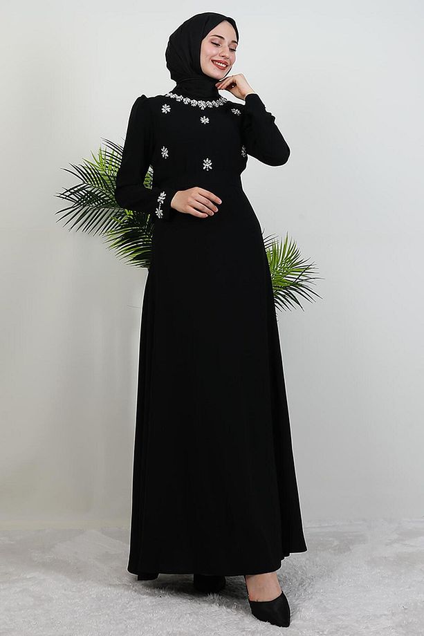 Lalin Çiçek Taşlı Elbise Siyah - 3