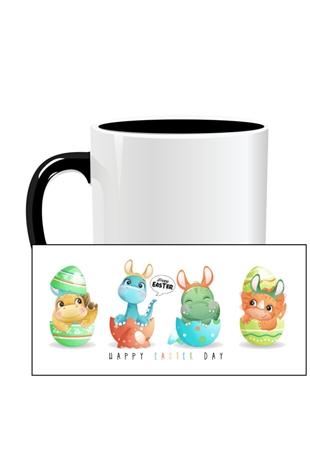 Personalized Easter Mug, Happy Easter Day Dinosaurs - Black Interior - 2