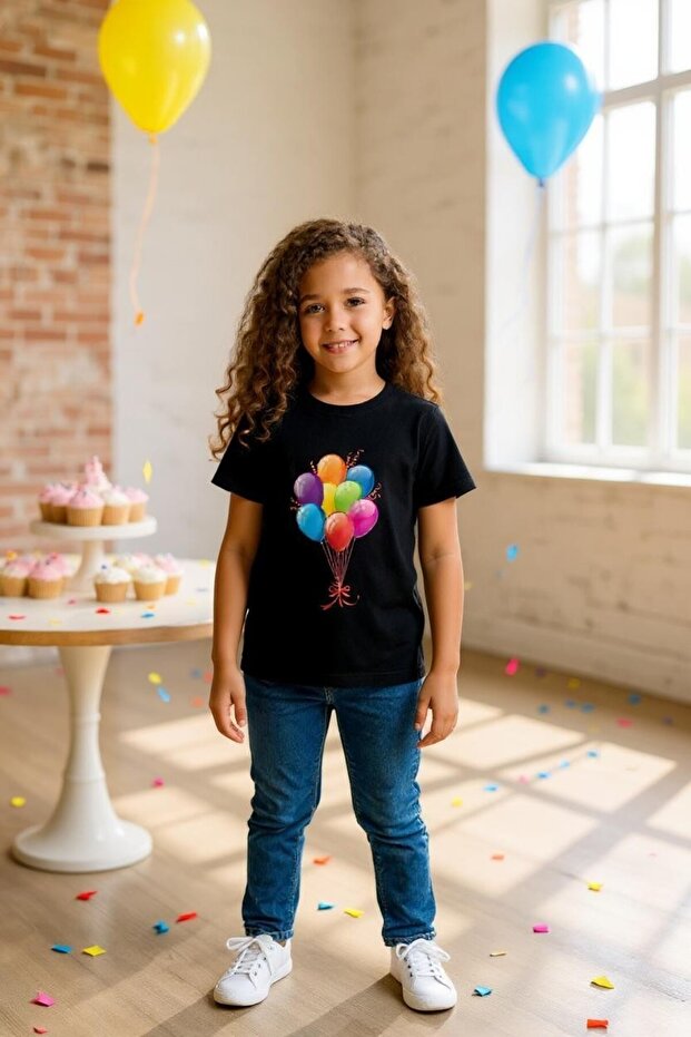Children's Crew Neck Unisex Flying Balloons Printed T-Shirt