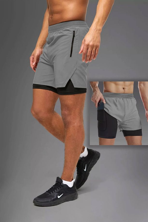 Lerixmod Unisex Gym Ve Fitness Astarlı Taytlı Şort / Gizli Cep Detaylı / Örme Lastikli - 3