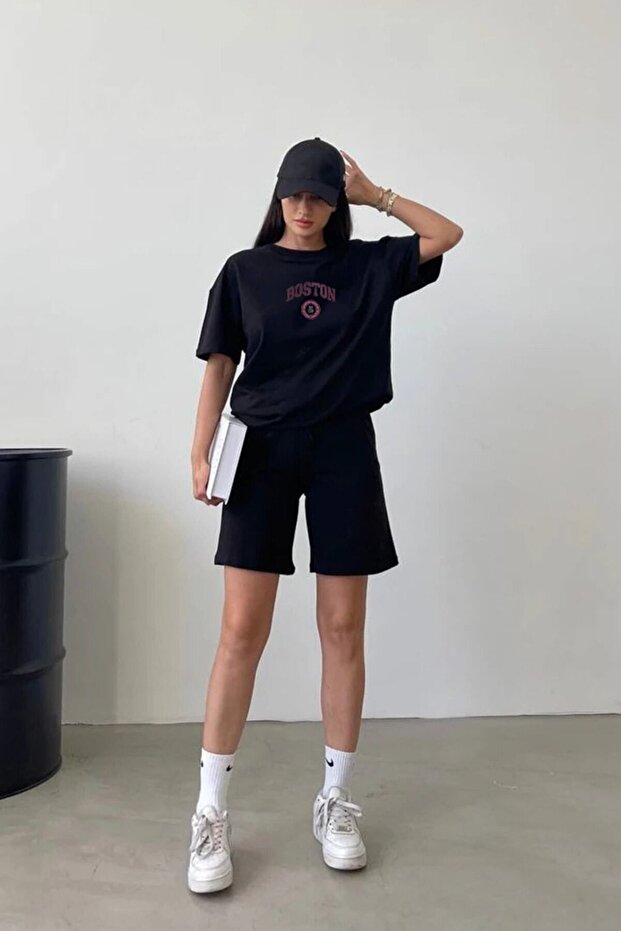 Boston Logo T-Shirt Shorts Combination Set 2 Piece - Black Printed Oversize Crew Neck