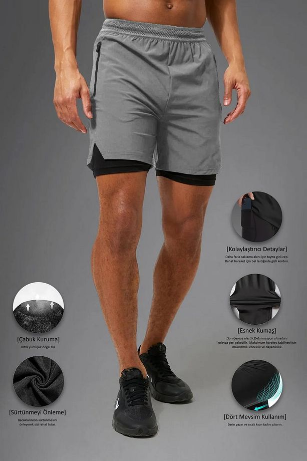 Lerixmod Unisex Gym Ve Fitness Astarlı Taytlı Şort / Gizli Cep Detaylı / Örme Lastikli - 1