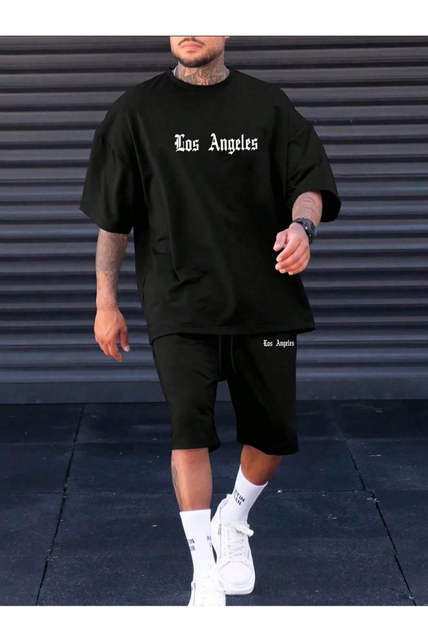 Los Angeles Minimal T-Shirt Shorts - Black Shorts T-Shirt Bottom Top Set Printed Crew Neck