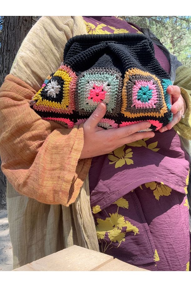 Boho Handmade El Örgüsü Burslu Çanta – Renkli Motifli & Astarlı - 8