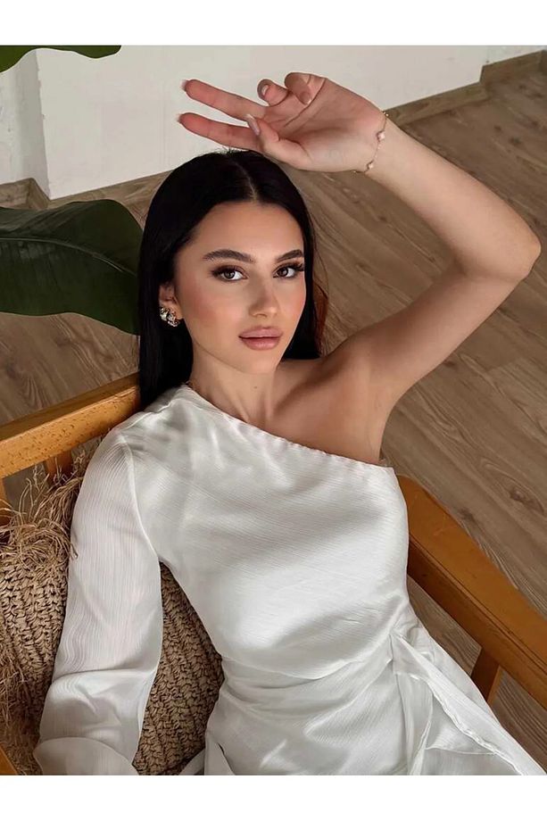 Soft Saten Tek Omuz Tek Kol Asimetrik Katlı Dalgalı Mini Kokteyl Davet Gece Elbisesi - 2