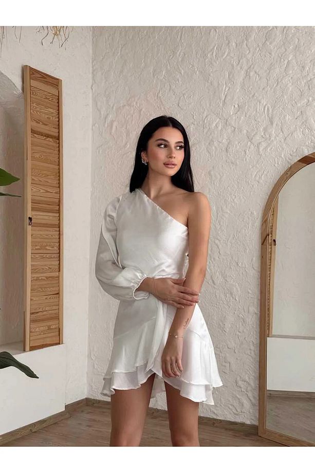 Soft Saten Tek Omuz Tek Kol Asimetrik Katlı Dalgalı Mini Kokteyl Davet Gece Elbisesi - 4