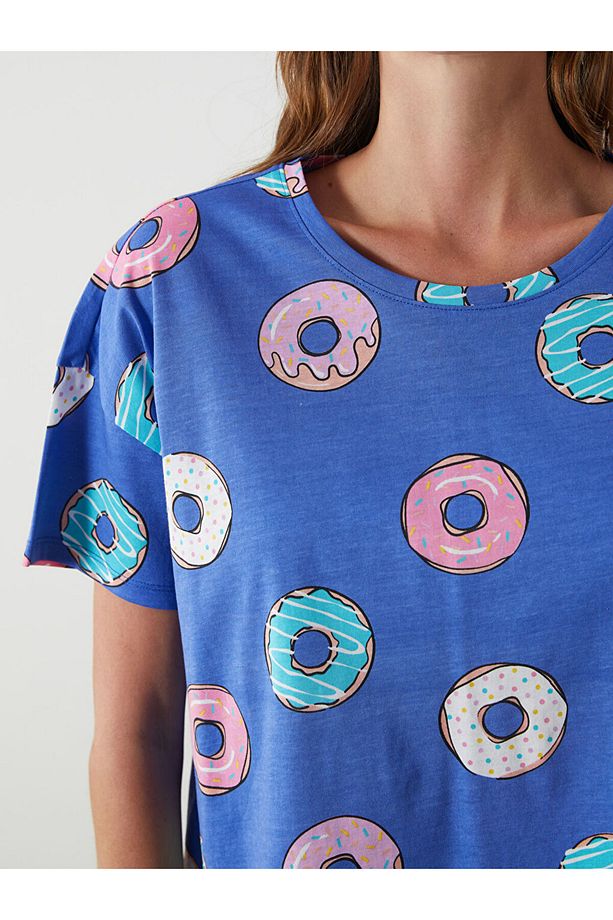 Bisiklet Yaka Desenli Kadın Şortlu Pijama Takımı - 3