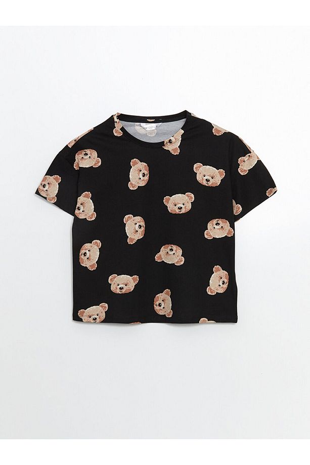 Bisiklet Yaka Ayı Baskılı Kadın Şortlu Pijama Takımı - 6