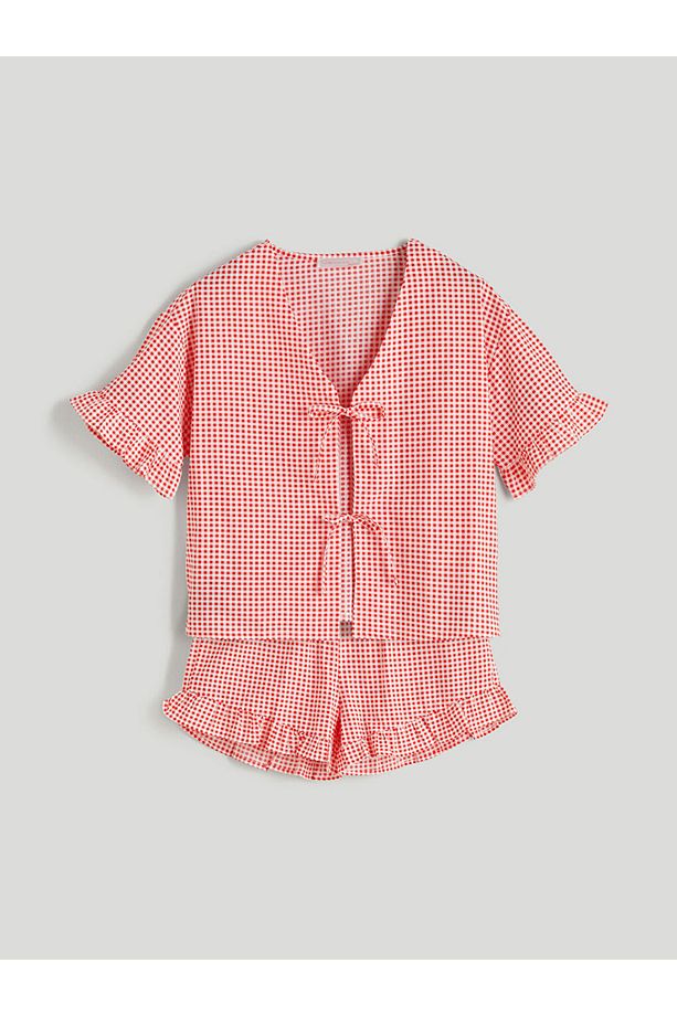 Petite V Yaka Ekose Kadın Şortlu Pijama Takımı - 5