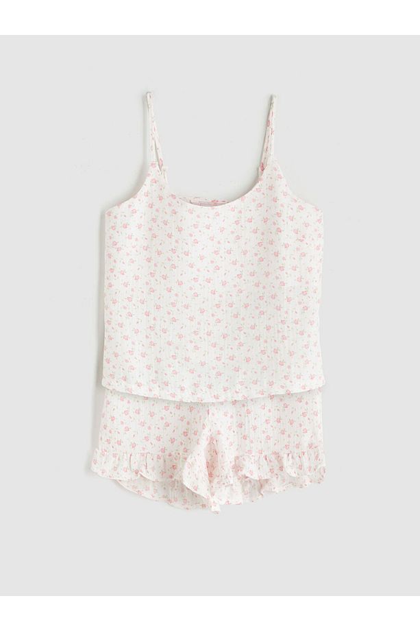 U Yaka Çiçekli Askılı Kadın Şortlu Pijama Takımı - 1