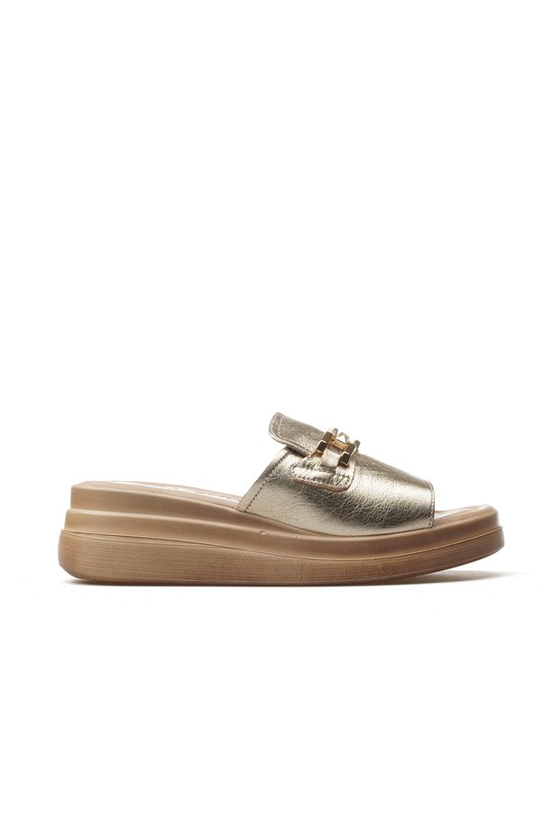 Women's Genuine Leather Buckle Detailed Daily Slippers 25Y 2409915Y Z Gold