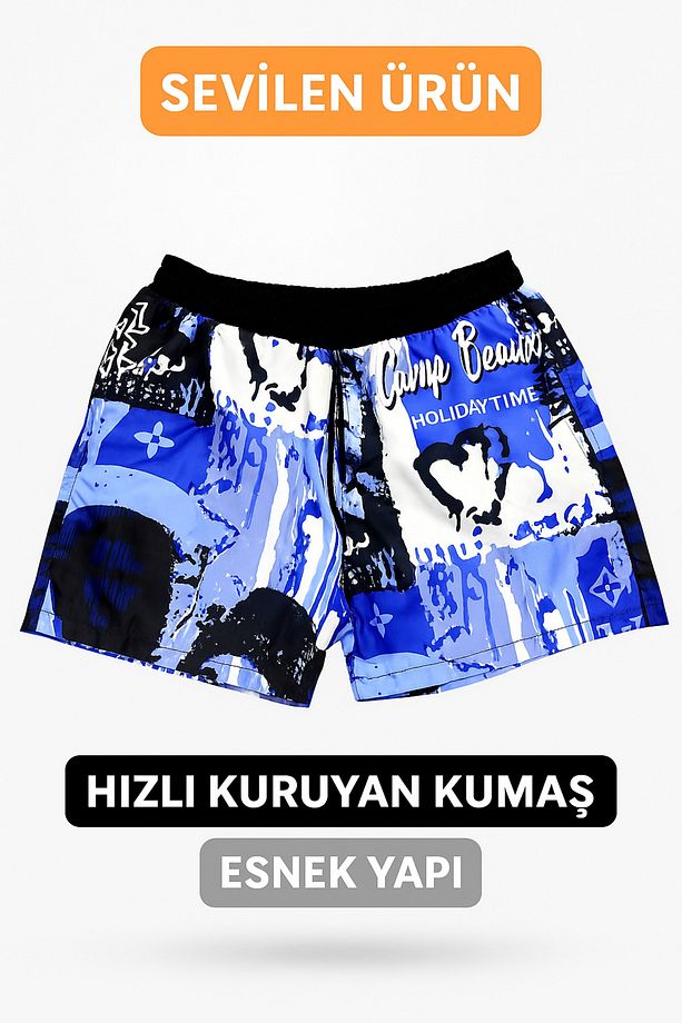 Regular Fit Kısa Boy Cepli File Astarlı Beli Bağcıklı Düz Hafif Kumaş Deniz Şortu - 1