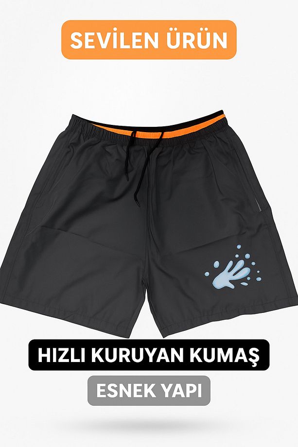 Regular Fit Kısa Boy Cepli File Astarlı Beli Bağcıklı Düz Hafif Kumaş Deniz Şortu - 1