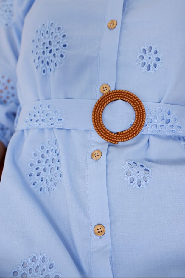 Fistolu Kemerli Mini Gömlek Elbise - 4