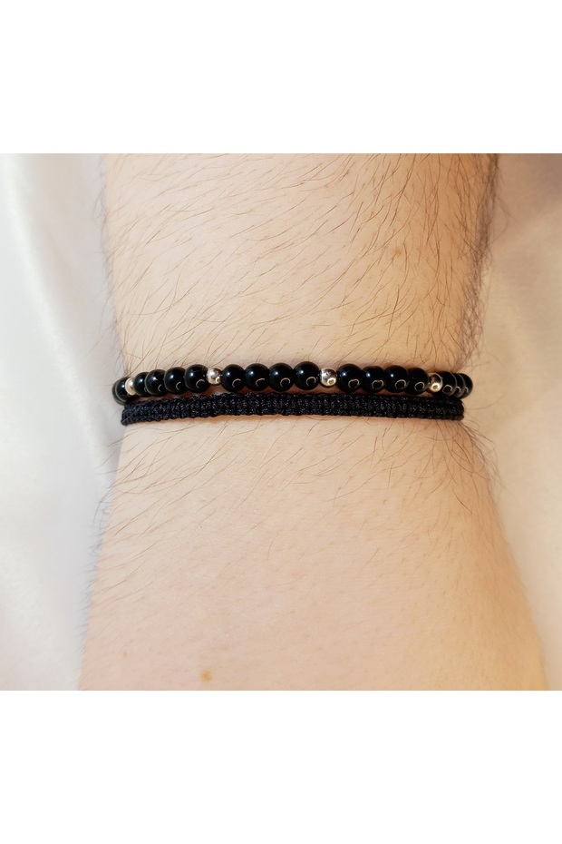 Unisex Black Glass Pearl Macrame Knitted 2-Piece Parachute Rope Adjustable Bracelet-Gift Bracelet Set