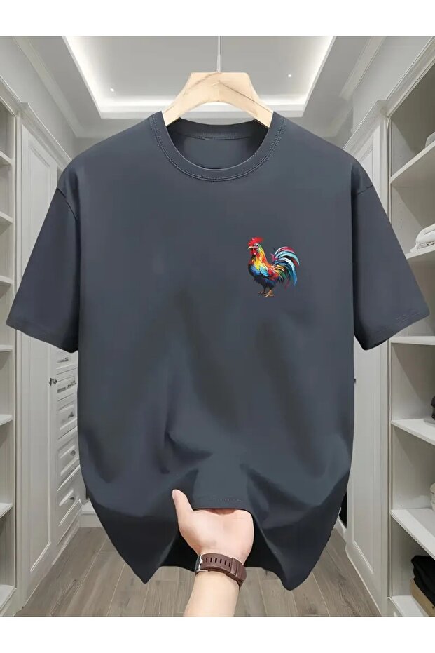Rooster Printed Smoked Cotton T-Shirt - Oversize Crew Neck Short Sleeve T-Shirt