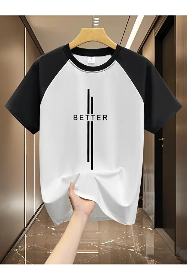 تي شيرت قطن أبيض بأكمام راجلان مطبوع باللون الأسود من Better - مقاس كبير