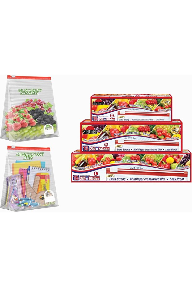 Zip Lock Slider Bag Combo Pack – Reusable & Reclosable – 45 Bags (Small + Medium + Larg