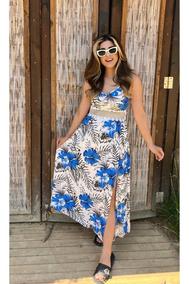 Women's rope strap v neck waist guipure floral print side slit maxi single jersey dress