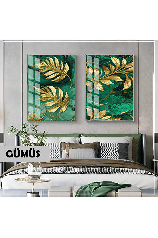 Amazing | Emerald Green-Gold Palm Leaf Combination | Framed Glass Table 2 Pieces Vertical