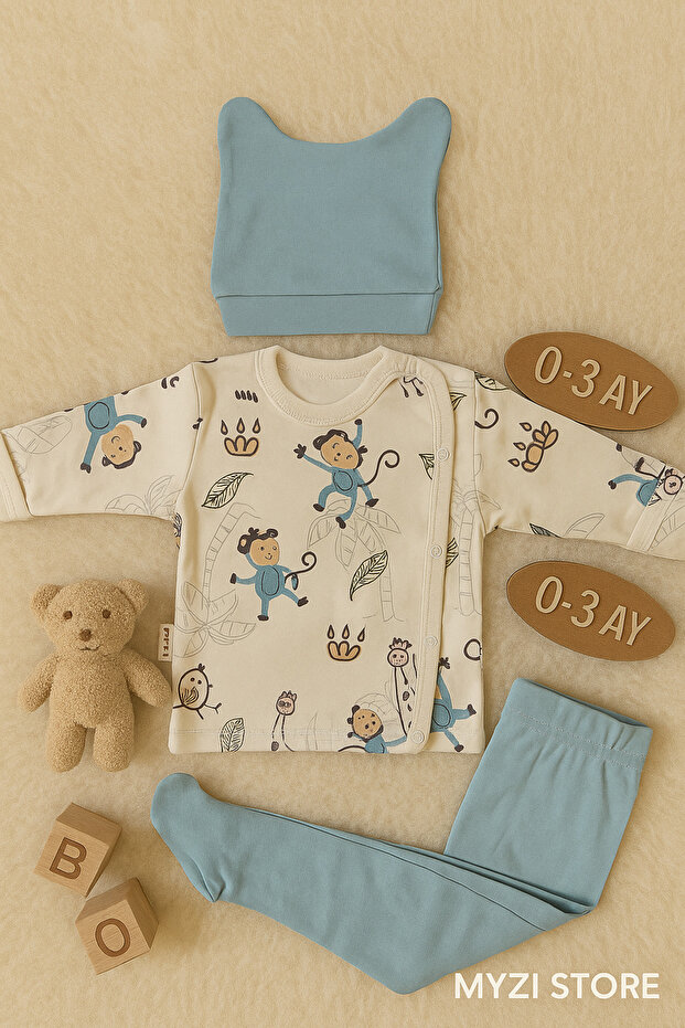 100% Cotton 3-Piece Hospital Release 0-3 Months Booties Bottom Long Sleeve Self-Gloves Top Eared Hat