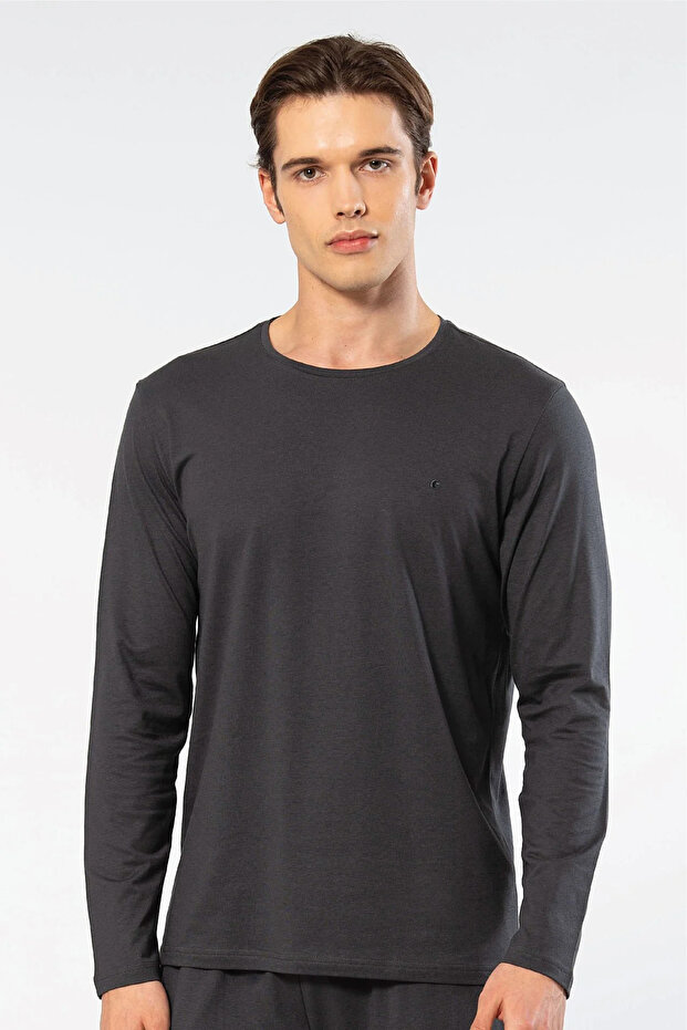 Logo Embroidery, Men's Long Sleeve T-Shirt, Crew Neck, Modal Cotton