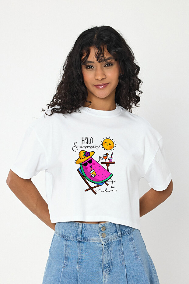 Women's Crew Neck Hello Summer Printed Crop T-Shirt