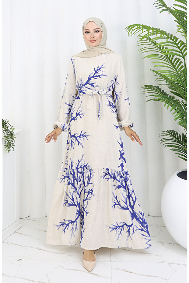 Patterned Belted Linen Dress 2087-01 Beige Navy Blue