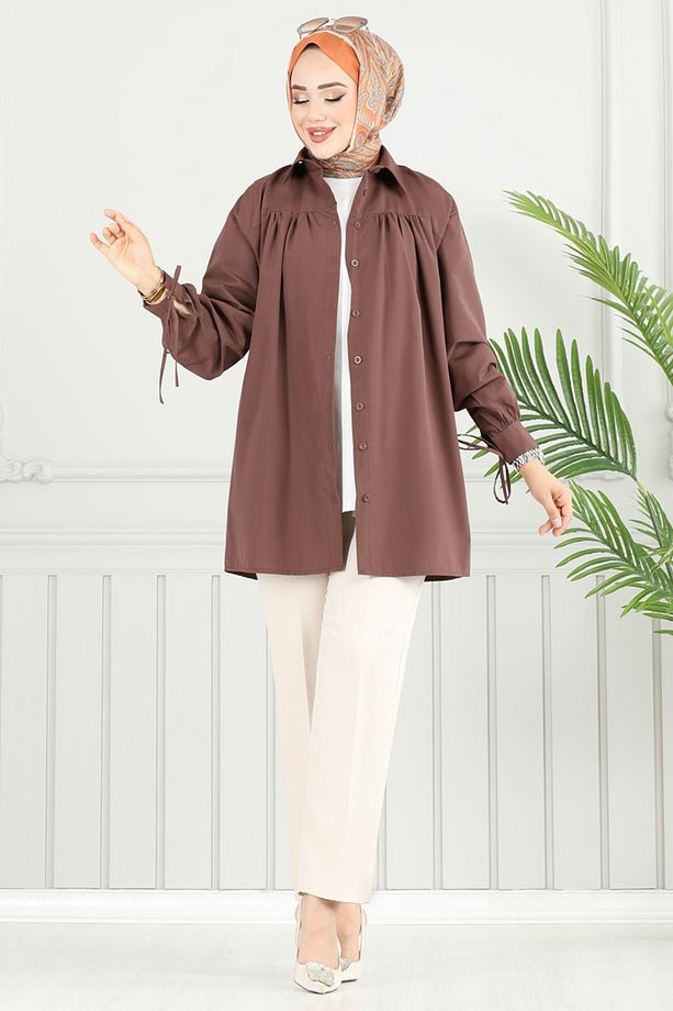 Manşeti Bağcıklı Tunik 4101PM271 Kahve - 2