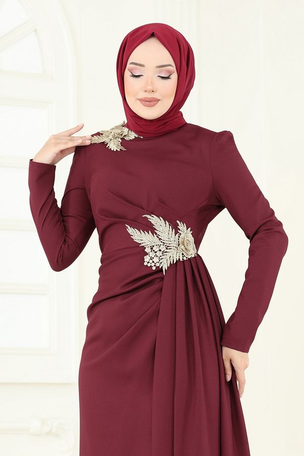 Nakış Detay Abiye Elbise ASM2810 Bordo - 3