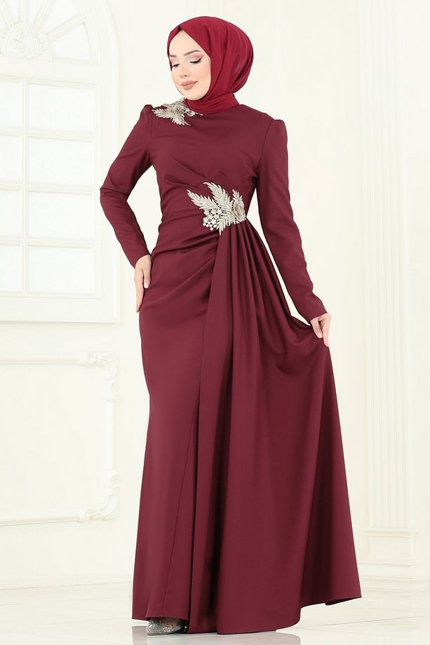 Nakış Detay Abiye Elbise ASM2810 Bordo - 1