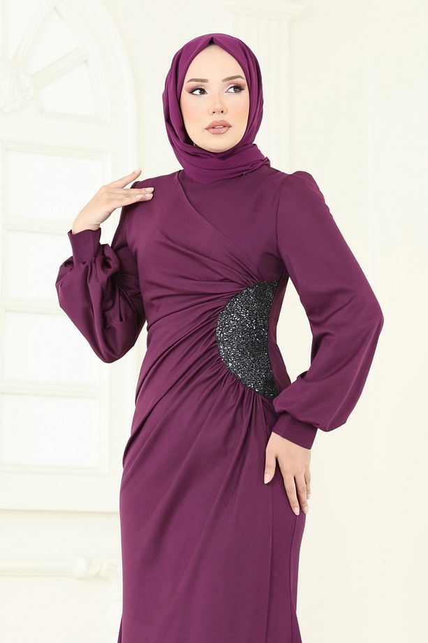 Pul Payetli Abiye Elbise 2770ASMK1074 Mor - 3