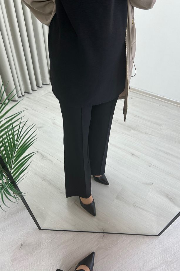 Krep Kumaş Çima Dikişli Beli Lastikli Pantolon - 5
