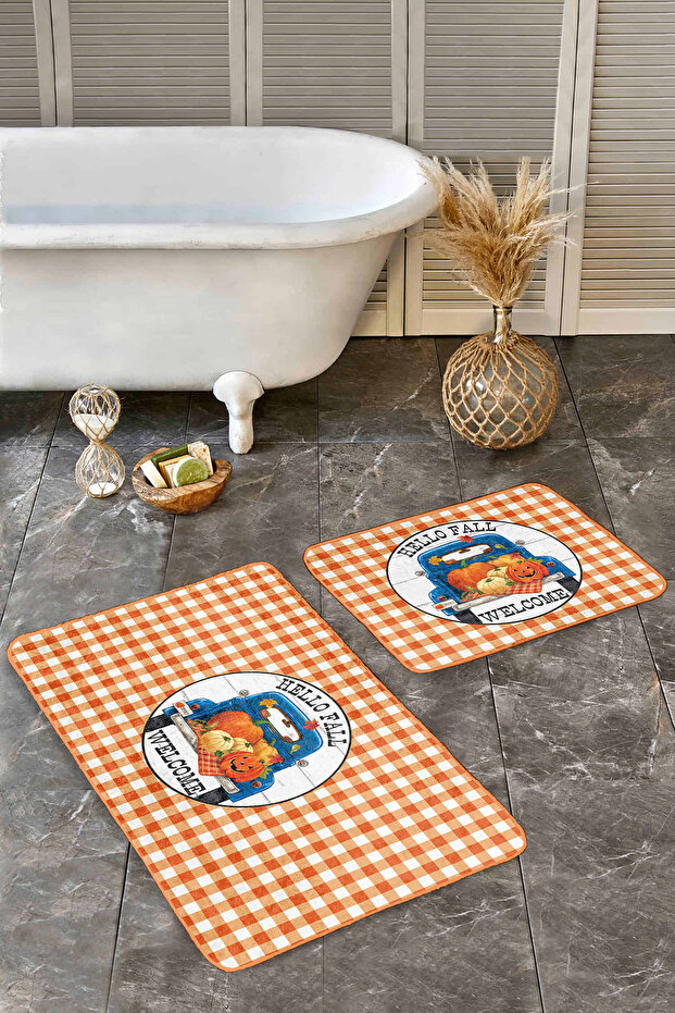 Orange Plaid Designed 2-Piece Toilet Seat & Bathroom Mat Set