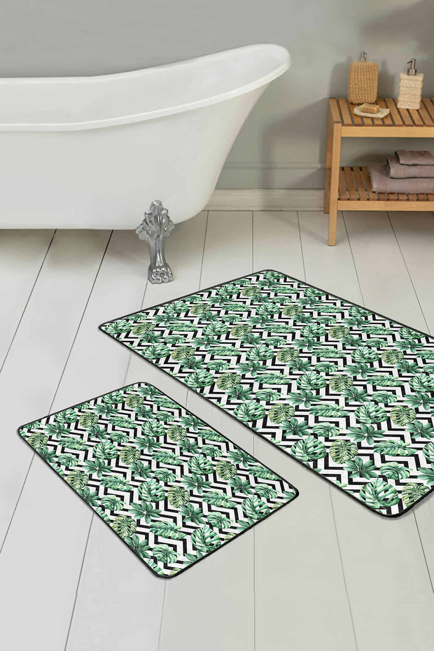 Black Zigzag Floor Tropical Green Leaves 2-Piece Non-Slip Base Bathroom & Kitchen Mat Set