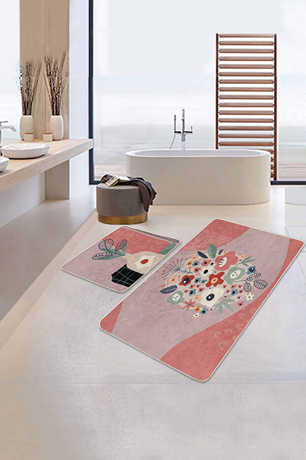 Abstract Colorful Floor Flower Motif 2-Piece Non-Slip Base Bathroom & Kitchen Mat Set