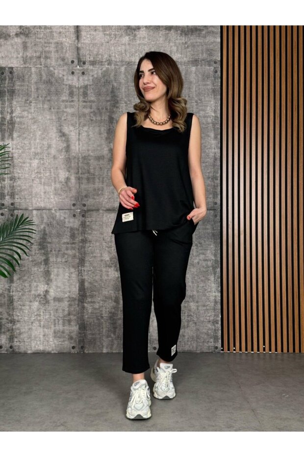 Women's Strappy Round Neck Viscose Two Thread Blouse and Sweatpants Double Set