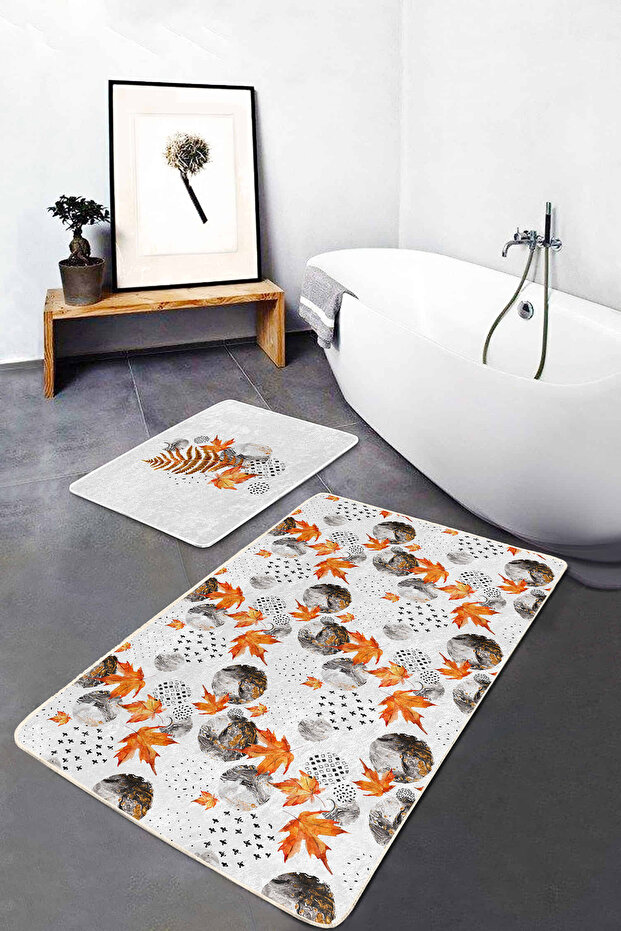Marble Detailed Autumn Leaves Digital Printed 2-Piece Non-Slip Base Bathroom & Kitchen Mat Set