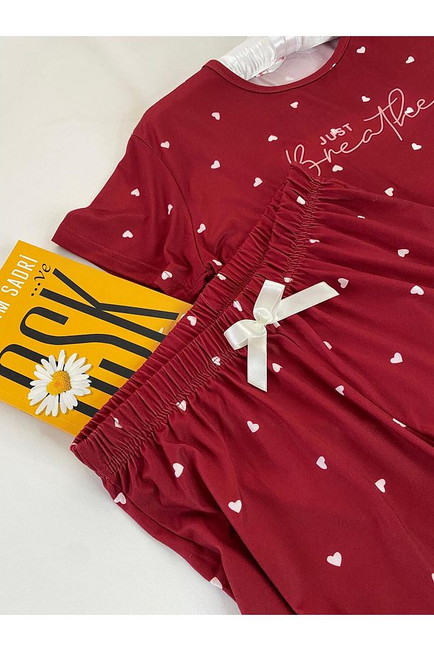Kalp Desenli Kırmızı Kısa Kollu Şortlu Pijama Takımı - 6