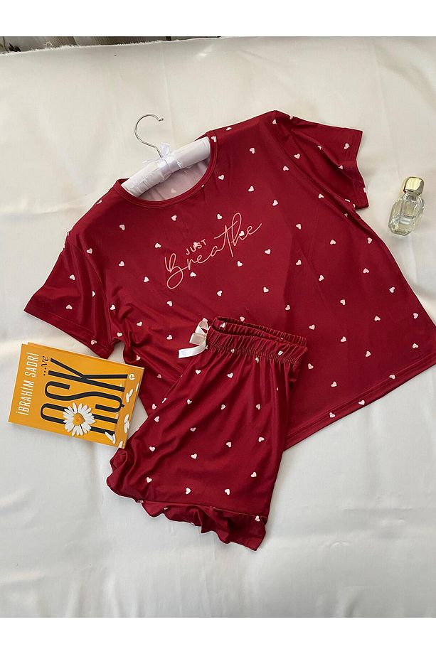 Kalp Desenli Kırmızı Kısa Kollu Şortlu Pijama Takımı - 4