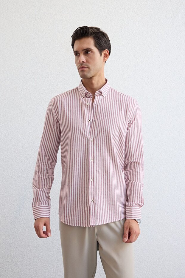 Senoc Men's Shirt Modern Slim Fit Linen Look Thick Stripes