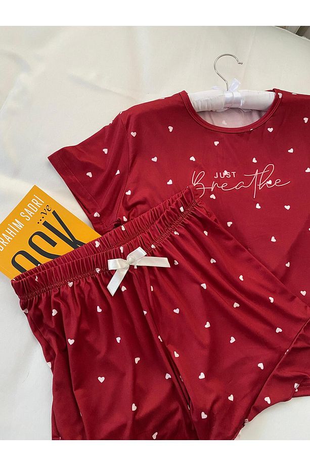 Kalp Desenli Kırmızı Kısa Kollu Şortlu Pijama Takımı - 5